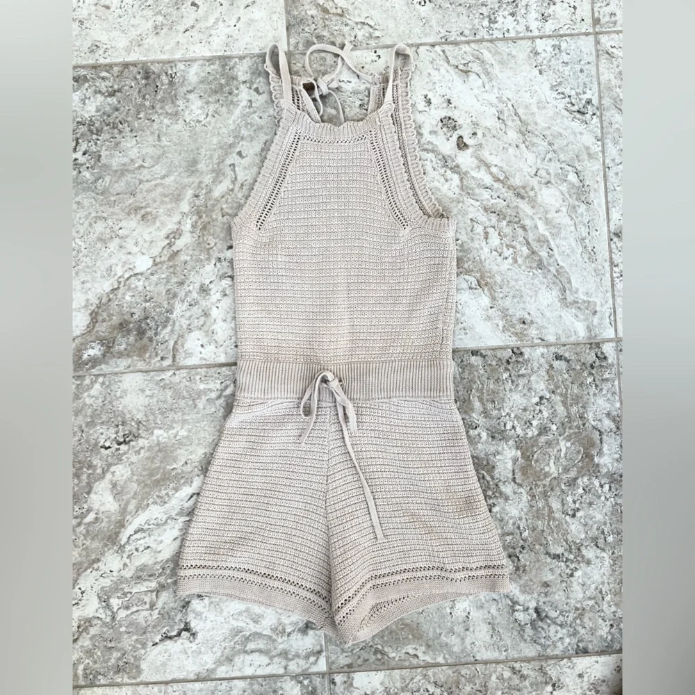 Mable Erika Tie Back Knit Crochet Cotton Sleeveless Boho Romper Beige Tan, Small
